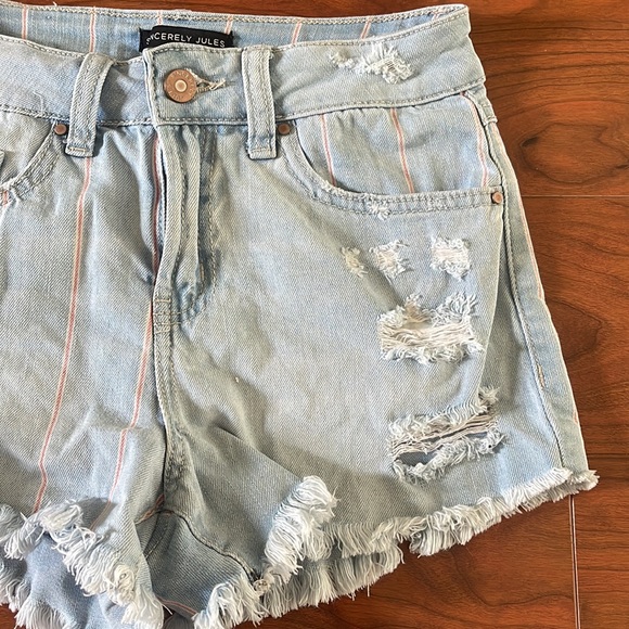 Sincerely Jules High Rise Light Wash Red Pin Striped Cut Off Jean Shorts - Picture 3 of 5